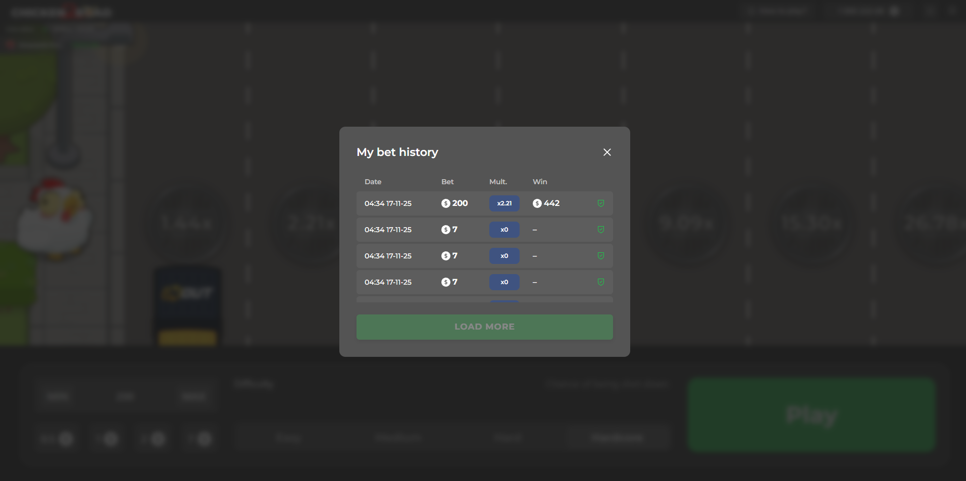 Chicken Road 2 play history menu